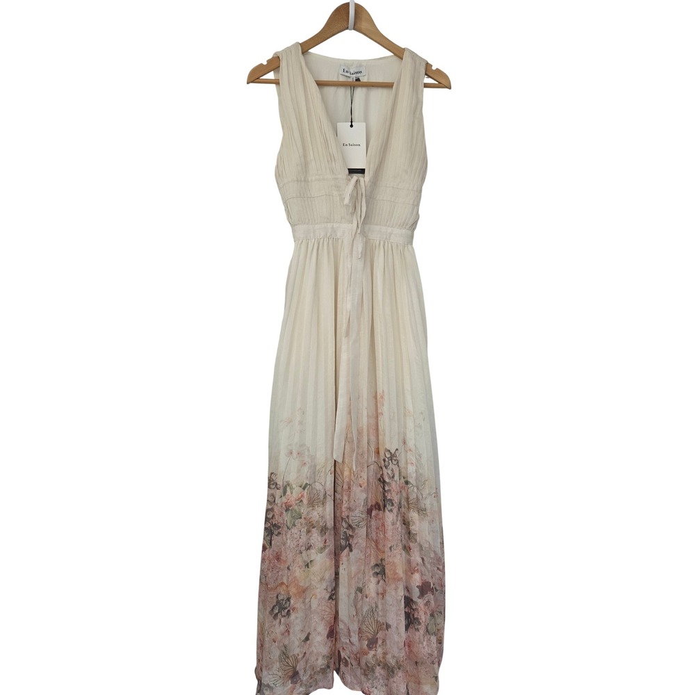 En Saison Pleated Tie Front Maxi Dress Floral V-Neck Womens XS Cream NWT $176